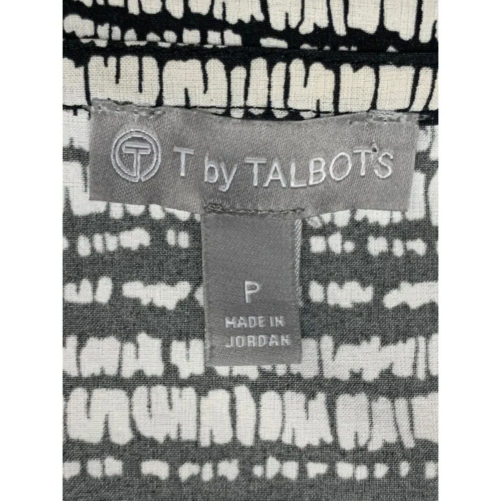 T by Talbots Black White Dash Print Shift Dress Petite P Short Sleeve Curved Hem